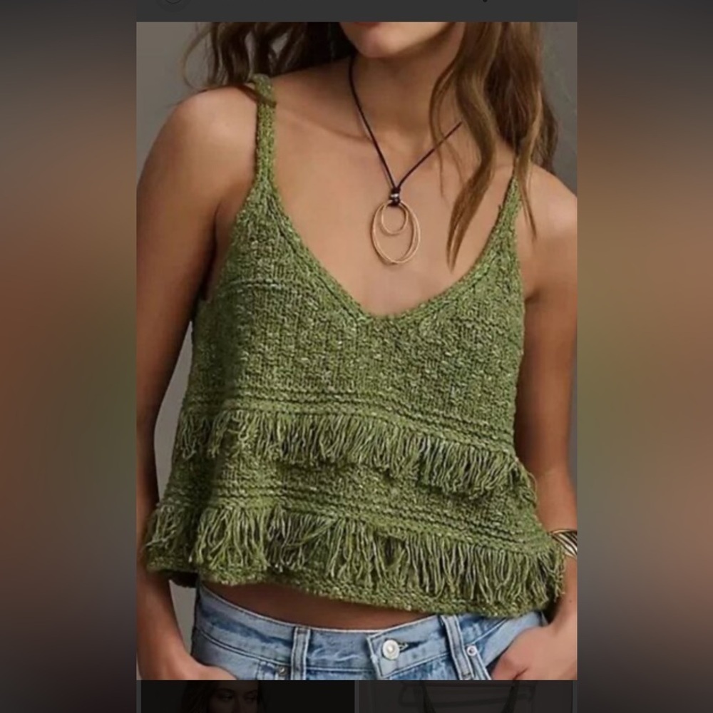 Pilcro Olive Fringe Knit Crop Top XL Boho Festival